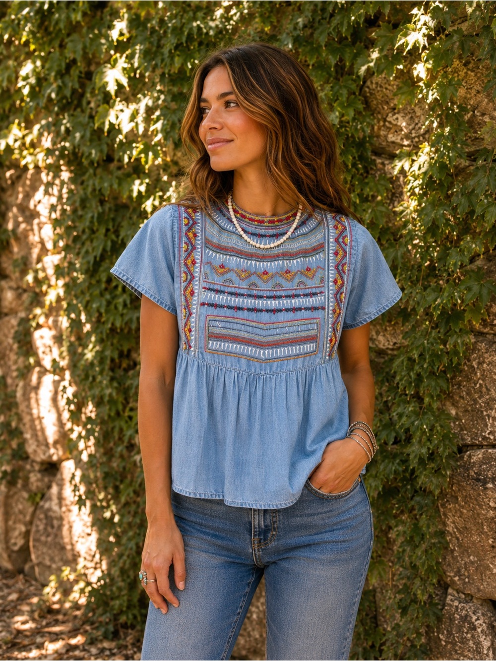 DENIM JEANS AND CASUALS Boho Coastal Chambray Chambray Shirt, S (Runs small)